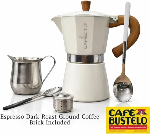 Vista 9 de Kit de iniciación de café cubano - El sistema ritual Cafecito Olla moka de 6 tazas (Cafetera Cubana) con herramientas de espuma, válvula