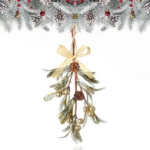 Vista 10 de Giegxin 1 pieza Adorno de Navidad Artificial de Muérdago Colgante con Lazo Rojo Bouquet de Adornos Colgantes de Navidad Floral con Piñas Naturales
