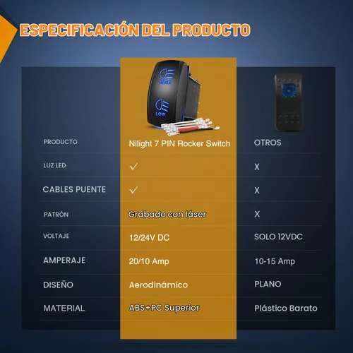 Vista 6 de Nilight Interruptor basculante de luces de alto y bajo alcance, interruptor de palanca de encendido/apagado/encendido DPDT de 7 pines, cables