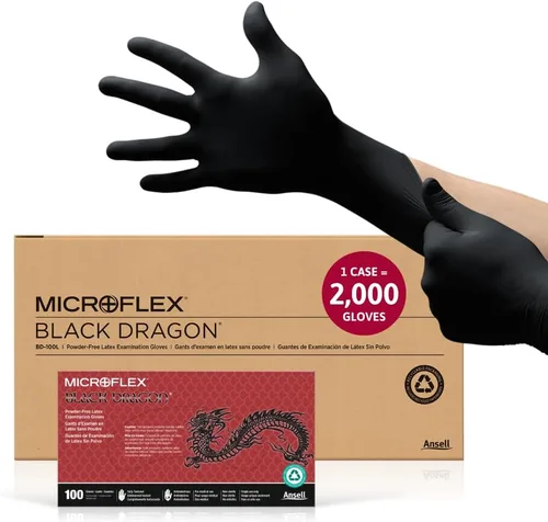 Vista 6 de Ansell MICROFLEX Black Dragon BD-100L 6mil Disposable Latex Gloves w/Full Texture for Food Processing, Automotive