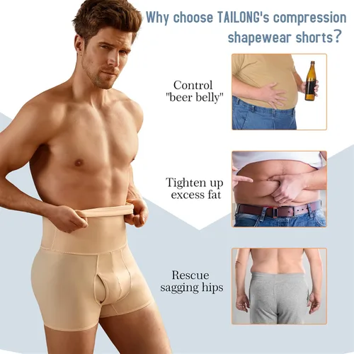 Vista 3 de TAILONG Pantalones cortos de control de abdomen para hombre, ropa interior adelgazante de cintura alta, moldeador de cuerpo, sin costuras, faja