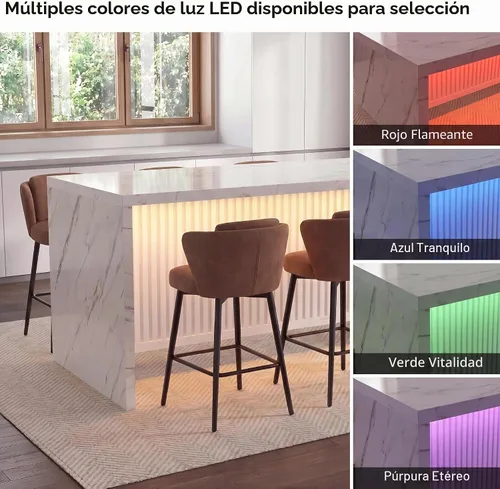 Vista 4 de Mesa de comedor grande de mármol sintético de 71 pulgadas para 4-6 personas, isla de cocina moderna con luces LED, mesa de comedor rectangular