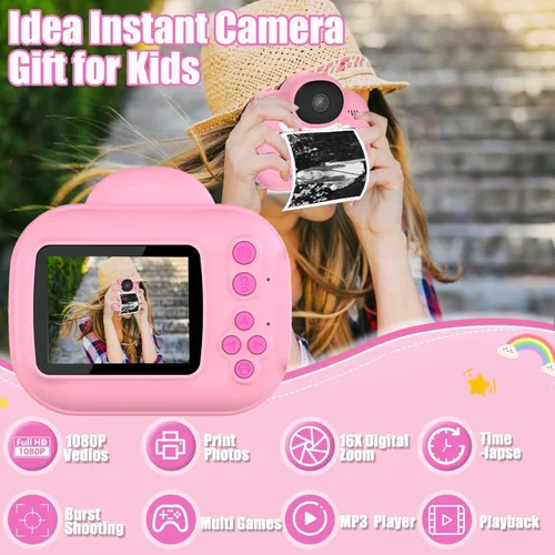 Vista 2 de Cámara para niños con impresión instantánea para niños, cámaras para niños pequeños, cámaras de video digitales HD 1080P, juguete de cámara Rosa