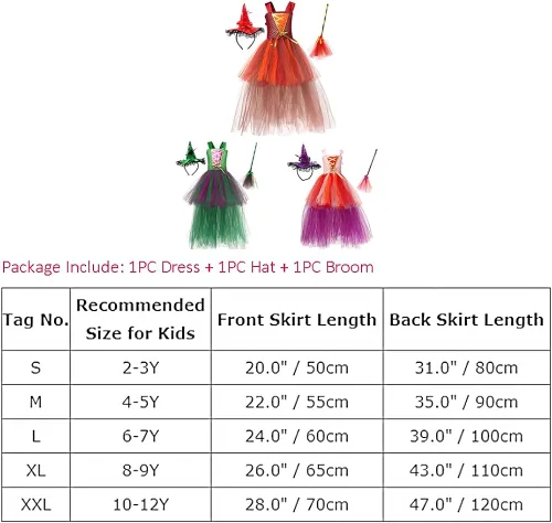 Vista 7 de Disfraz de bruja de Halloween para niñas disfraz de princesa tutú con escoba capa de cosplay fiesta de sesiones de fotos para niños de 2 a 12 años