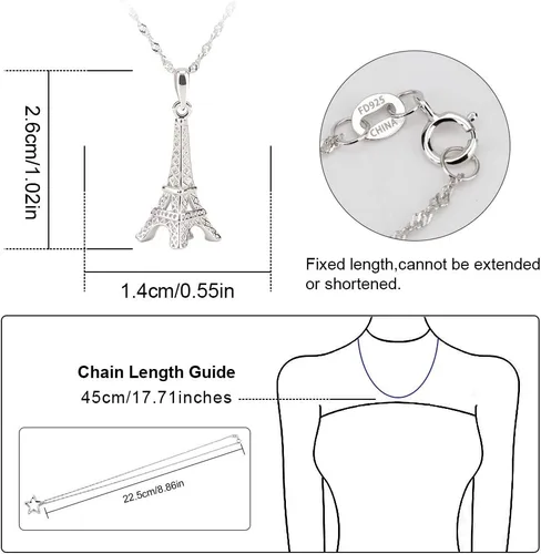Vista 5 de Collar con colgante de torre Eiffel de plata de ley, joyería de París para mamá y mujer con cadena de plata de 18 pulgadas, Plata esterlina