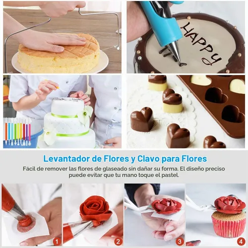 Vista 5 de Kit de 390 piezas de suministros de decoración de pasteles, juego de herramientas para hornear para tartas, 3 paquetes de moldes para tartas, plato