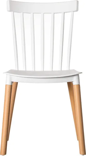Vista 4 de Fabulaxe Silla de comedor de plástico moderna diseño Windsor con patas de madera de haya, color blanco juego de 2