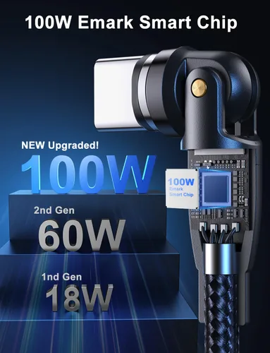 Vista 5 de Cable de carga magnético de rotación 540 de 100 W, 3.3 pies/6 pies, paquete de 2 unidades, cable USB C a USB C, cable de carga magnética, cable