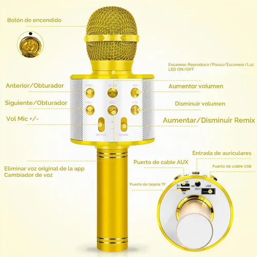 Vista 7 de KIDWILL Micrófono de Karaoke Inalámbrico Bluetooth para Niños, 5 en 1 Portátil de Mano Micrófono de Karaoke con Altavoz Reproductor Grabadora