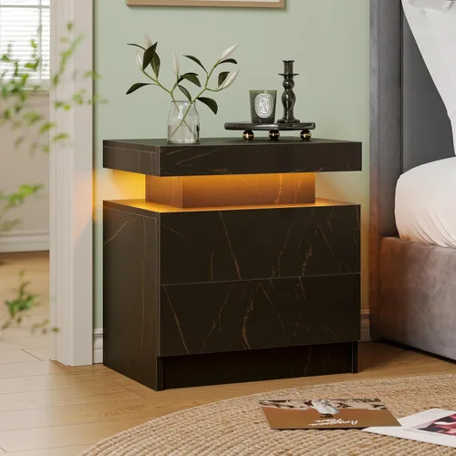 Vista 5 de Juego de 2 mesitas de noche con 2 cajones de madera, moderna mesita de noche LED para dormitorio