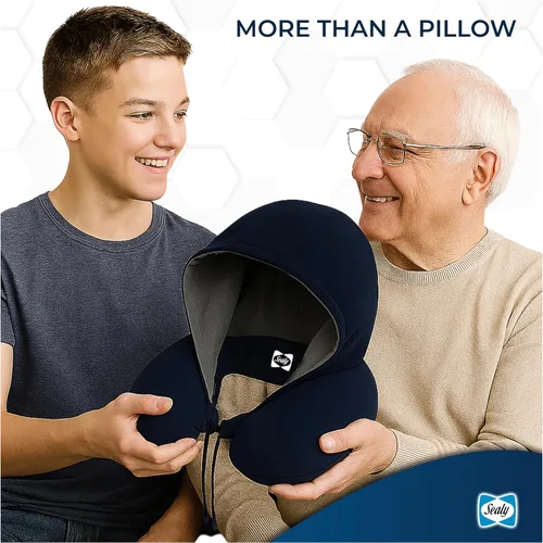 Vista 8 de Sealy Almohada de viaje - Almohada de cuello de avión con capucha, almohada de cuello de viaje para aviones, almohada de viaje de espuma
