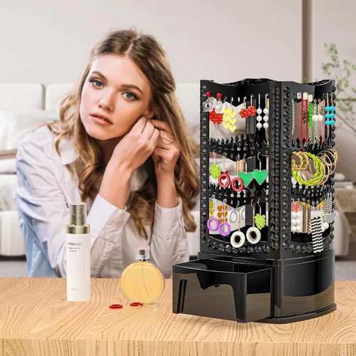 Vista 2 de Famitree Soporte giratorio de 360 grados y organizador de joyas, mesa giratoria de joyería de 3 niveles con cajón, 120 agujeros y 108 ganchos