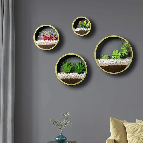 Vista 3 de Paquete de 4 macetas redondas de pared colgantes de metal, soportes circulares para plantas, jarrón de hierro circular contemporáneo para suculentas