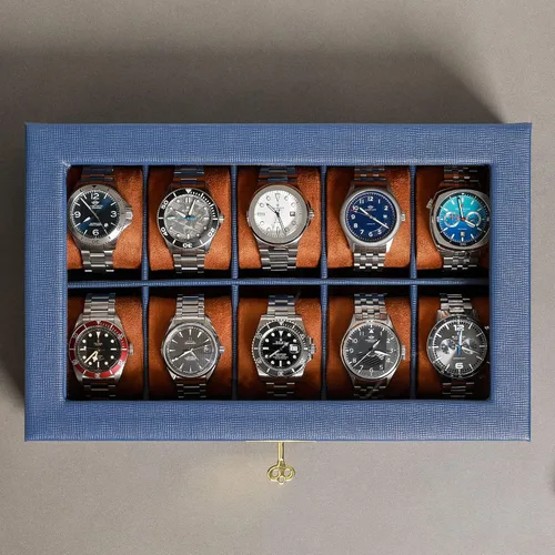 Vista 3 de ROTHWELL Caja de reloj de cuero con 10 ranuras, organizador de joyas de lujo, soporte para reloj con tapa de cristal grande, organizador de caja