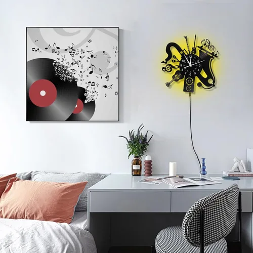 Vista 3 de KingLive Reloj de pared con disco de vinilo musical, decoración de sala de música, reloj de pared con tema musical, guitarra musical, decoración