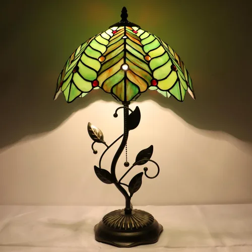 Vista 12 de Tiffany Table Lamp, Stained Glass Desk Light, W12H19 Inch, Metal Leaf Base (Sea Blue Pearl Style)