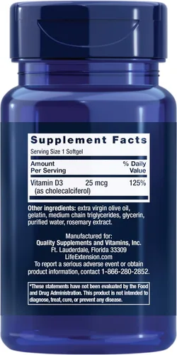 Vista 2 de Life Extension Vitamina D3 25 mcg (1000 UI), Apoyo al sistema inmunológico, salud ósea, salud de todo el cuerpo, tamaño de valor, sin gluten, sin