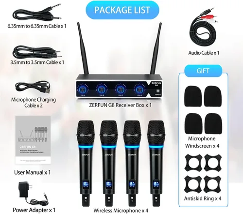 Vista 6 de Sistema de Micrófono Inalámbrico Recargable ZERFUN Pro de 4 Canales, Micrófonos Inalámbricos de Mano UHF de Metal con Control de Volumen, 4x50