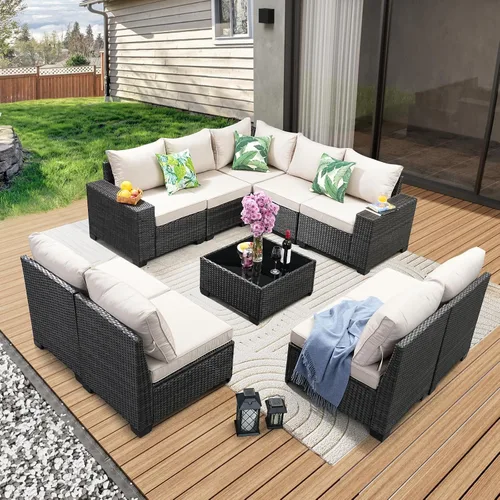 Vista 23 de JOYURE Juego de muebles de patio de 5 piezas, para todo tipo de clima, para exterior, sofá seccional de mimbre, sofá de ratán para patio con cojín