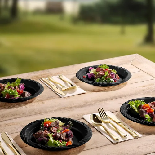 Vista 7 de Munfix Juego de 200 Platos de Plástico Negro - Paquete a Granel de 200 Platos de Cena Desechables de 9 Pulgadas para Fiestas, Barbacoas, Picnics