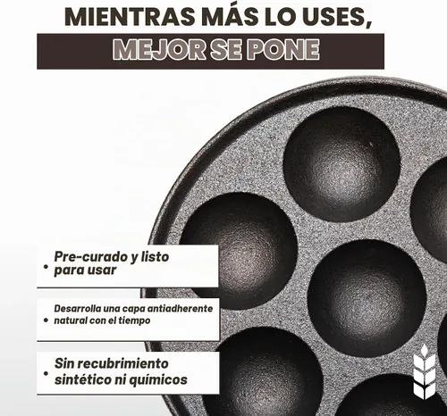 Vista 5 de KUHA Sartén Aebleskiver de hierro fundido – Auténtica máquina danesa para panqueques Aebleskiver, Poffertjes, Takoyaki, Appam, Kuli Paniyaram
