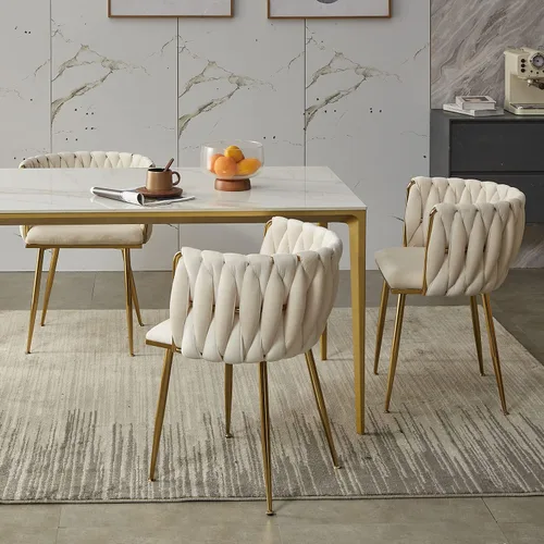 Vista 2 de Juego de 2 sillas de comedor de terciopelo, modernas sillas de comedor tapizadas con patas de metal dorado y respaldo tejido para comedor, cocina