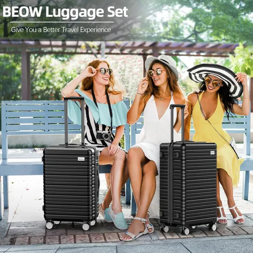 Vista 2 de BEOW Juego de equipaje expandible de 3 piezas de carcasa rígida ligera PCABS maleta giratoria ruedas TSA Lock Negro