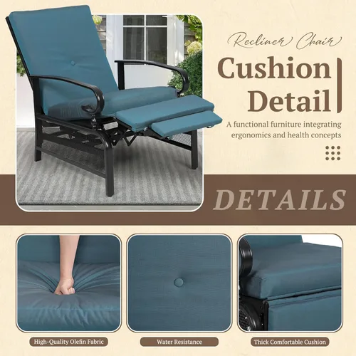Vista 4 de Oakcloud Sillón Ajustable para Exteriores Silla Reclinable Relajante de Metal para Patio con Cojines Extraíbles (Azul Pavo Real)