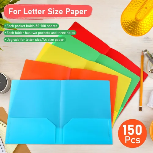 Vista 2 de Maitys 150 carpetas de plástico resistentes con 2 bolsillos para documentos, 5 carpetas de colores con soporte para tarjetas para papel