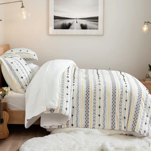 Vista 9 de Sleepbella - Edredón tamaño individual, algodón de 600 hilos, patchwork a rayas en blanco y azul marino, diseño reversible en azul, con relleno