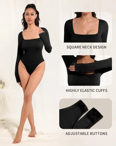 Vista 4 de MANGOPOP Shapewear for Women Square Neck Long Sleeve Tummy Control Thong Bodysuit top