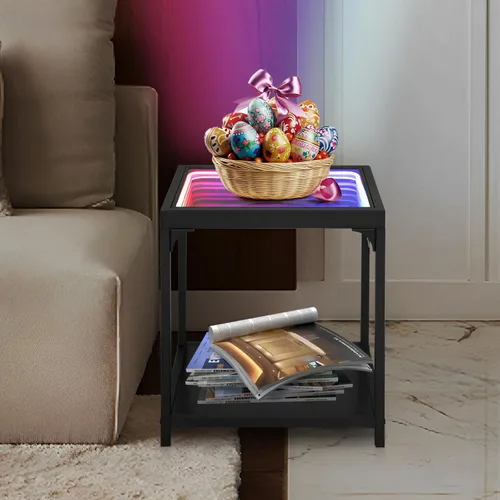 Vista 2 de FUSLITE Mesa de luz de espejo infinito, mesas de centro para sala de estar, con espejo de ilusión infinita 3D, mesa auxiliar RGB, con luz de túnel