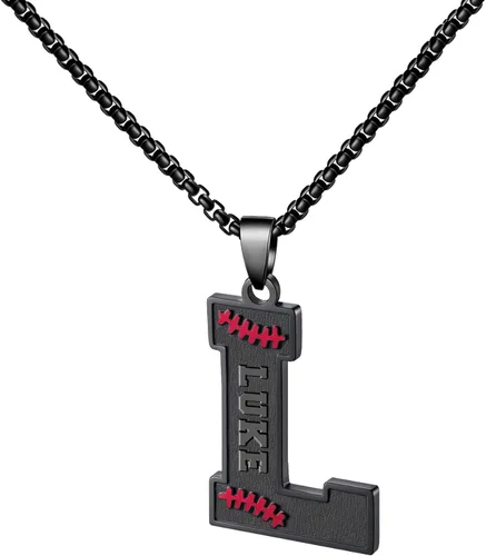 Vista 78 de Ldurian Collar personalizado con nombre de béisbol, cadena negra de acero inoxidable, collar con nombre deportivo, letra A-Z de 24 pulgadas, regalos