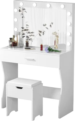 Vista 10 de Tocador con espejo iluminado, juego de tocador de maquillaje con taburete de almacenamiento, mesa de maquillaje con cajón grande, mesa de tocador