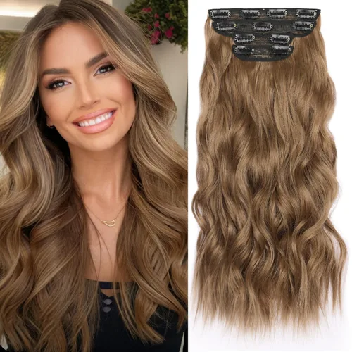 Vista 16 de Extensiones de cabello rubio con clip, de 22 pulgadas, extensiones de cabello largo y rizado con clip, 4 unidades, extensiones de cabello sintético