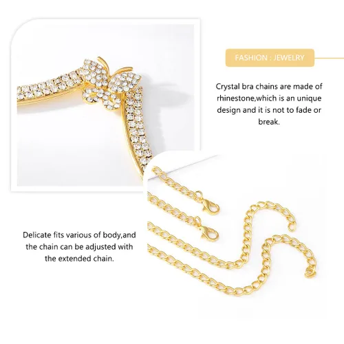 Vista 3 de Jeweky Cadena de cuerpo con diamantes de imitación dorados, soporte de pecho, cadenas de brasier, joyería para el cuerpo, bikini, discoteca