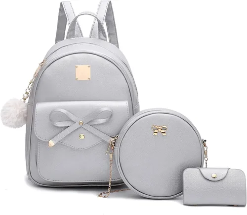 Vista 7 de I IHAYNER Mochila de cuero de moda de 3 piezas con lazo para niñas, mochila, bolso para mujer, mochila para damas, bolsa de hombro Beige