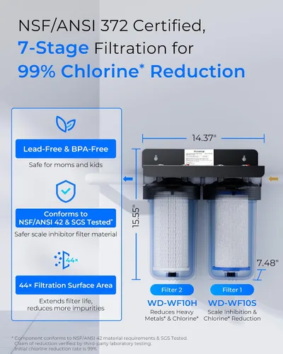 Vista 2 de Waterdrop Sistema de filtro de agua para toda la casa de 2 etapas, con filtro de sedimentos de metales pesados y anti-incrustaciones, reduce