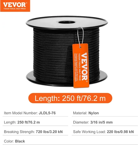 Vista 7 de VEVOR Cuerda de nailon trenzada, 3/16 pulgadas x 250 pies, 32 hebras, 720 LBS de resistencia a la rotura para exteriores, aparejo de árbol arborista