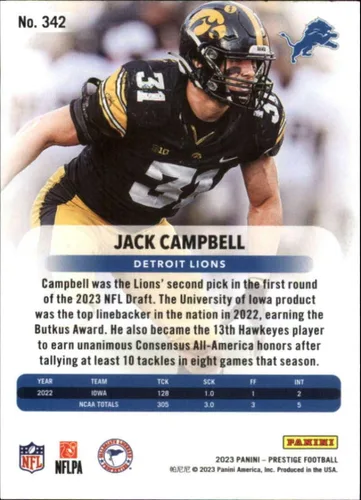 Vista 2 de 2023 Prestige Football Xtra Points Sunburst #342 Jack Campbell RC Rookie Detroit Lions Official Panini NFL Trading Card