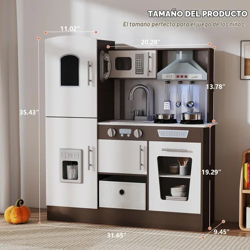 Vista 2 de JOYLDIAS Juego de cocina de madera para niños pequeños con luces y sonidos Marrón