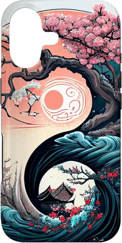 Vista 32 de Funda para iPhone 11 Pro Max Yin Yang Cherry Blossom Bonsái y Great Wave