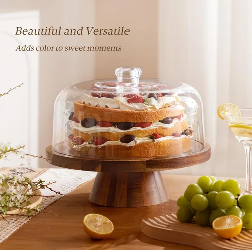 Vista 3 de HBlife Soporte para pasteles con tapa (11.4 pulgadas), soporte multifuncional para pasteles con cúpula acrílica, soporte de madera de acacia 6 en 1