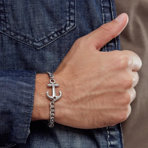 Vista 2 de Galis Mens Bracelet with Stainless Steel Anchor Pendant, Silver Plated Chain Non Tarnish Bracelets for Men, Stylish Birthday Gift For Men, Trendy