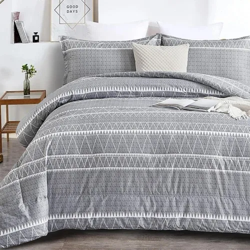 Vista 9 de WONGS BEDDING Juego de edredón negro tamaño matrimonial, edredón reversible bohemio a rayas de plumón alternativo para cama matrimonial, 3 piezas