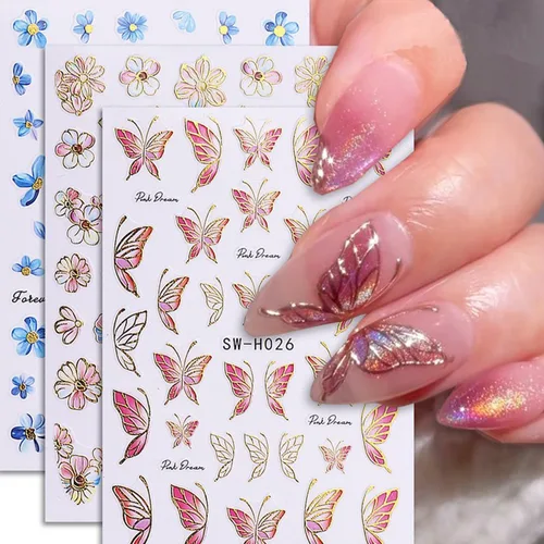Vista 53 de 5 hojas de calcomanías de arte de uñas de mariposa, 3D coloridas mariposas, suministros de arte de uñas, mariposas, flores, calcomanías Con