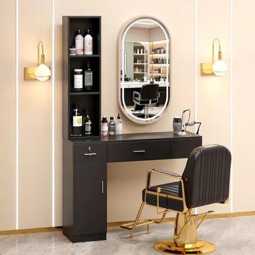 Vista 2 de OmySalon Estaciones de peluquería de montaje en pared, estaciones de salón para estilistas, juego de equipos de peinado con un gabinete de Negro