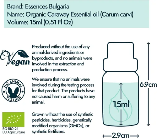 Vista 7 de Essences Bulgaria Aceite esencial de alcaravea orgánica, 0.51 onzas líquidas, 0.5 fl oz, Carum carvi 100% puro y natural, sin diluir, de grado