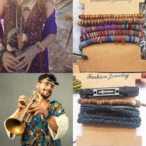 Vista 6 de SONNYX 27 pulseras de cuero trenzado para hombres y mujeres, pulseras de muñeca tejidas frescas, cuerdas de cáñamo, cuentas de madera, étnicas