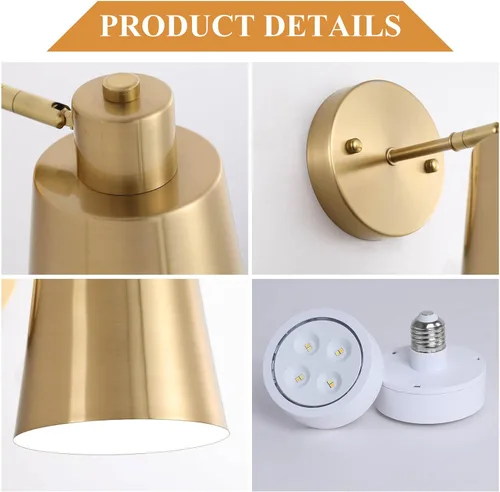 Vista 6 de Juego de dos apliques de pared a pilas, dorado moderno con control remoto, iluminación de pared regulable para interiores, no cableada, lámpara